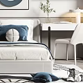 Modern Kids Bedroom With Blue White Pillows Wall Art Study Desk And Stuffed Toys