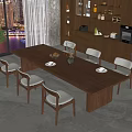 Wooden Dining Table Set In Modern Kitchen With Chairs Plates Cabinets City View And Plant