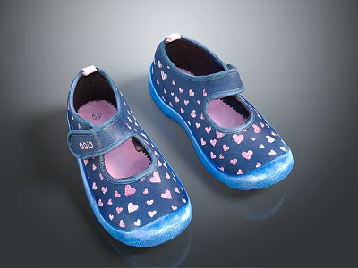 Dark Blue Kids Shoes With Pink Heart Patterns Velcro Strap And Blue Soles 3d model