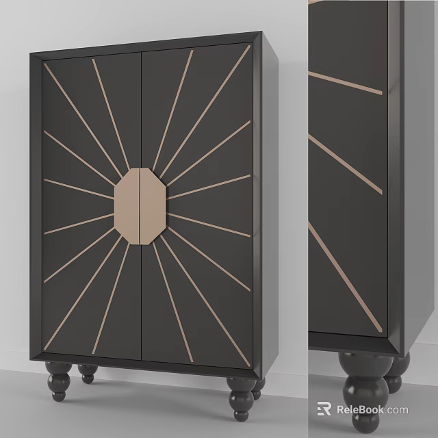 Elegant Black Entryway Cabinet Sideboard With Gold Radiant Lines And Central Decorative Panel 3d model 