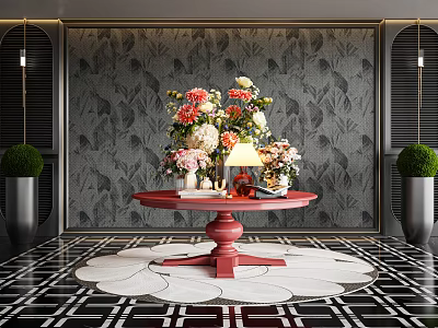 Hotel Foyer With Red Round Table Flower Arrangement Table Lamp Patterned Wallpaper And Green Topiary 3d model