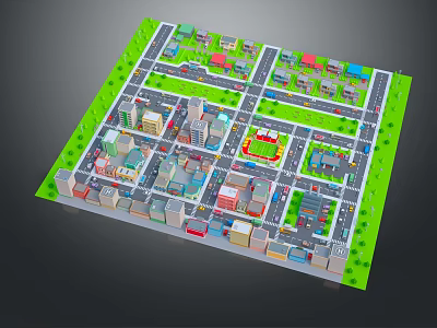 Cartoon City Scene With Colorful Buildings Streets And Green Areas Layout 3d model