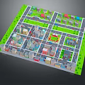 Cartoon City Scene With Colorful Buildings Streets And Green Areas Layout