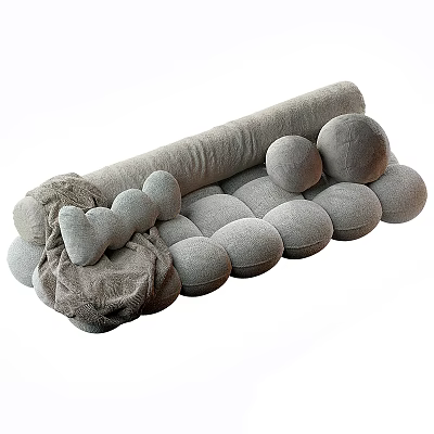 Gray Two Seater Sofa With Round Cushions And Long Bolster Pillow In Soft Fabric Design 3d model