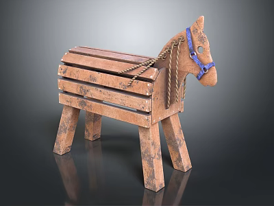 Wooden Building Blocks Crafted Horse Shaped Toy With Blue Bridle And Textured Wooden Legs 3d model
