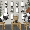 Exhibition Hall With Panda Dolls Bamboo Chairs And Panda Patterned Lanterns 3d model