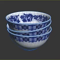 Three Stacked Blue And White Floral Pattern Porcelain Bowls For Daily Home Use