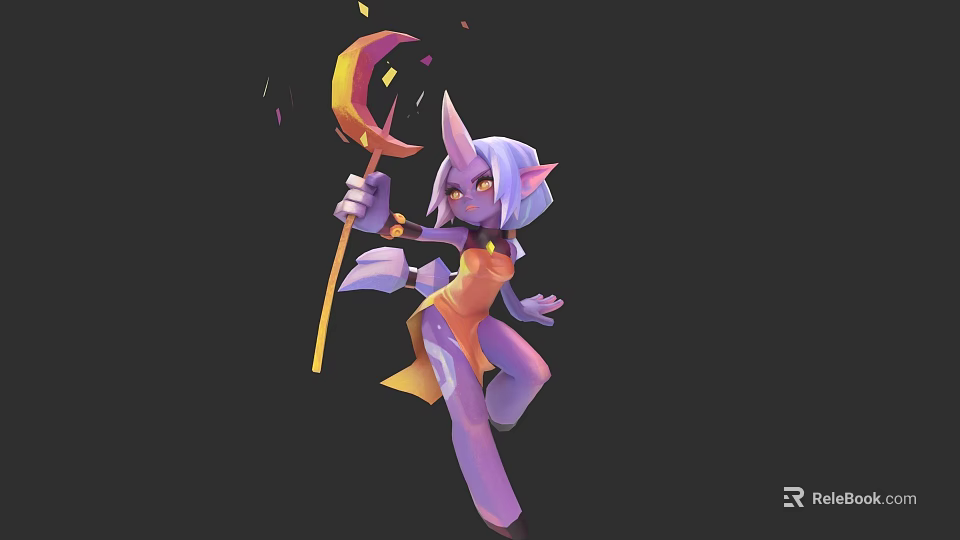 Purple Horned Female Game Movie Character Holding Moon Staff In Orange Outfit With Light Hair 3d model 