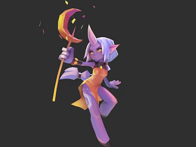 Purple Horned Female Game Movie Character Holding Moon Staff In Orange Outfit With Light Hair 3d model