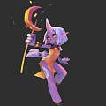 Purple Horned Female Game Movie Character Holding Moon Staff In Orange Outfit With Light Hair