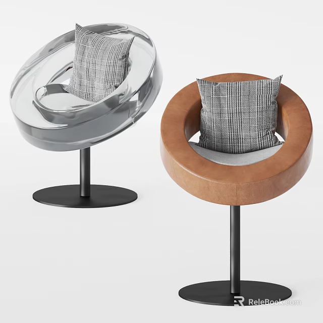 Modern Bar Stools With Round Backrest Silver Transparent And Brown Leather Black Base Gray Pillow 3d model 