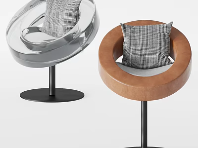 Modern Bar Stools With Round Backrest Silver Transparent And Brown Leather Black Base Gray Pillow 3d model