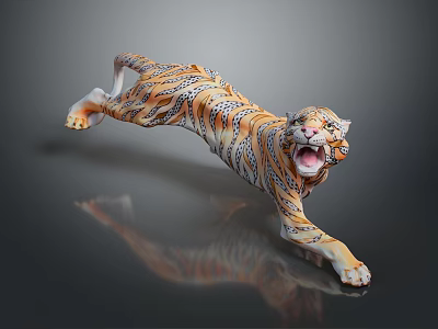 Leaping Striped Tiger Sculpture In Open Mouth Pose With Dark Background Reflection 3d model