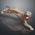Leaping Striped Tiger Sculpture In Open Mouth Pose With Dark Background Reflection
