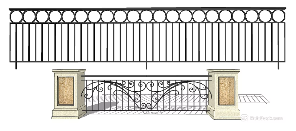 Decorative Iron Fence With Top Circular Motifs Bottom Scrollwork And Carved Stone Pillars For Outdoor Use 3d model 