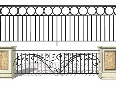 Decorative Iron Fence With Top Circular Motifs Bottom Scrollwork And Carved Stone Pillars For Outdoor Use 3d model