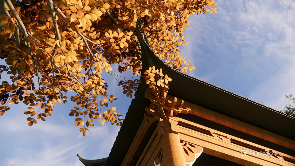 Traditional Asian Architectural Roof With Golden Fall Leaves And Wooden Details Against Blue Sky 3d model 