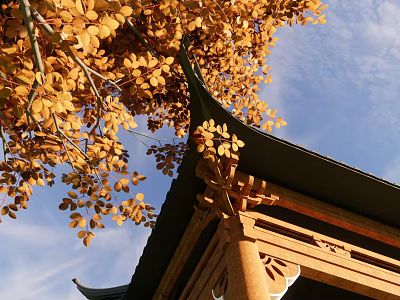 Traditional Asian Architectural Roof With Golden Fall Leaves And Wooden Details Against Blue Sky 3d model