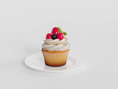 Delicious Cupcake With White Cream Topping Red Black Berries And Green Leaf On White Plate 3d model
