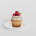 Delicious Cupcake With White Cream Topping Red Black Berries And Green Leaf On White Plate