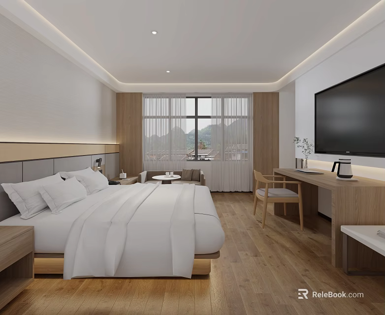 Hotel Room Interior Design With Comfortable Bed Flat Screen TV Wooden Furniture And Large Window 3d model