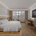 Hotel Room Interior Design With Comfortable Bed Flat Screen TV Wooden Furniture And Large Window 3d model