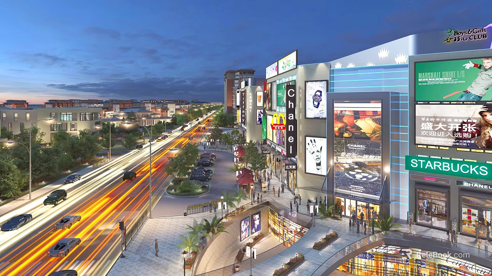 Vibrant Commercial Street Featuring Modern Buildings Billboards Pedestrians And Night Lights 3d model 