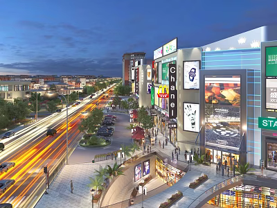 Vibrant Commercial Street Featuring Modern Buildings Billboards Pedestrians And Night Lights 3d model