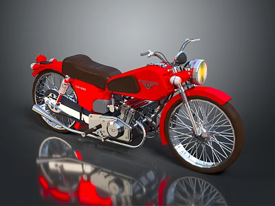 Red Vintage Motorcycle With Brown Seat Round Headlight Silver Engine And Reflective Surface 3d model