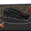 BMX Bike And Skateboard On Black Ramp With Yellow Railings And NIGMAS Lettering