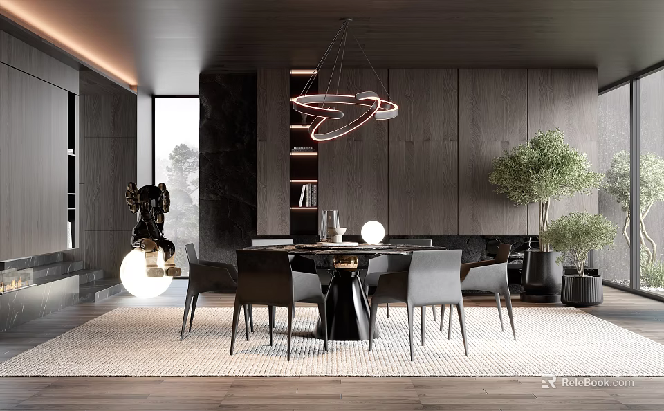 Modern Luxury Restaurant Interior With Pendant Light Dining Table Chairs And Plants 3d model 