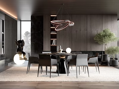 Modern Luxury Restaurant Interior With Pendant Light Dining Table Chairs And Plants 3d model