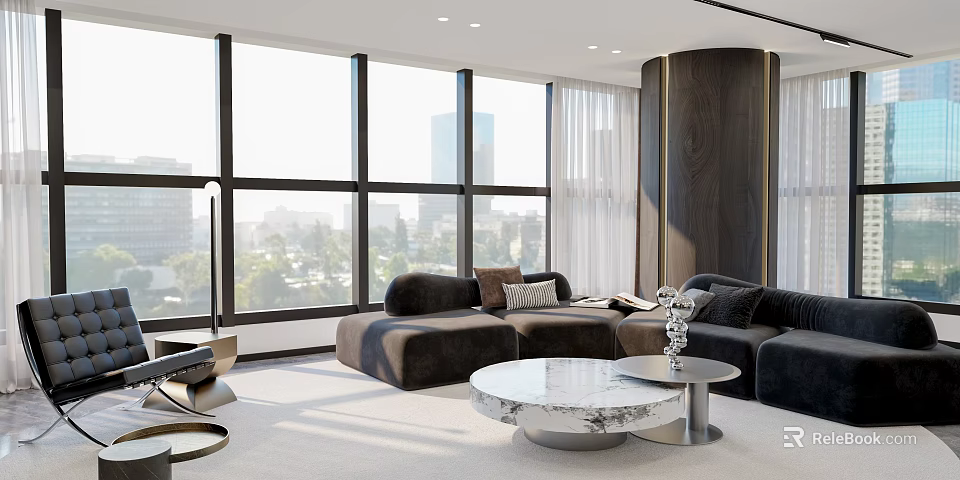 Modern Office Interior With Large Windows City View Dark Sofas And Marble Coffee Table Lighting 3d model