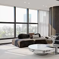 Modern Office Interior With Large Windows City View Dark Sofas And Marble Coffee Table Lighting 3d model