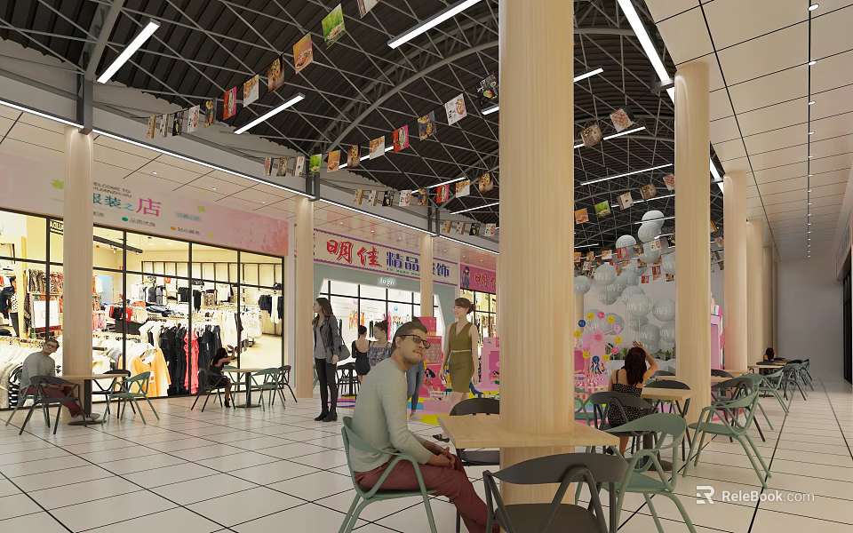 Bright Shopping Mall Lobby Interior With Colorful Banners Storefronts Seating Area Wooden Pillars And Lighting 3d model 