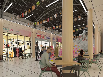 Bright Shopping Mall Lobby Interior With Colorful Banners Storefronts Seating Area Wooden Pillars And Lighting 3d model