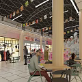 Bright Shopping Mall Lobby Interior With Colorful Banners Storefronts Seating Area Wooden Pillars And Lighting