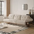 Casual Beige Sofa Set With Plush Cushions Glass Coffee Table And Black White Striped Rug