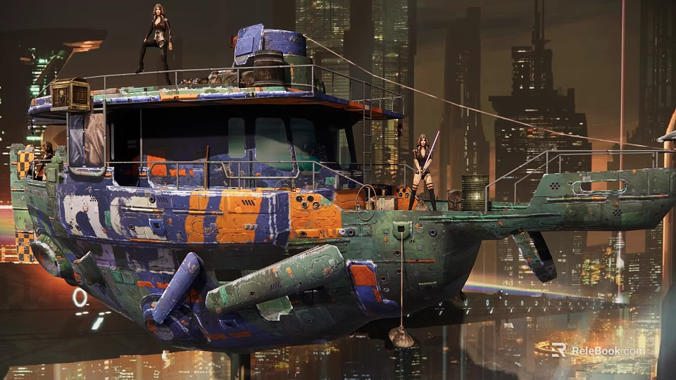 Cyberpunk Console Game Store With Colorful Graffiti Boat And High Rise City Characters 3d model 