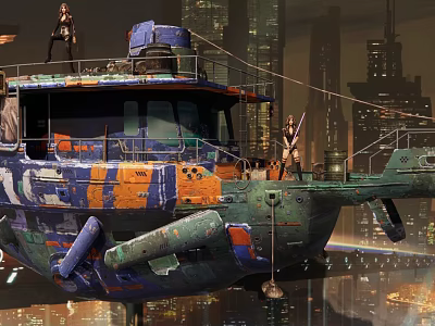 Cyberpunk Console Game Store With Colorful Graffiti Boat And High Rise City Characters 3d model