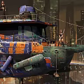 Cyberpunk Console Game Store With Colorful Graffiti Boat And High Rise City Characters