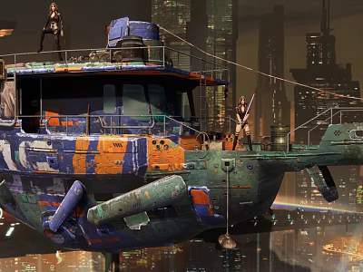 Cyberpunk Console Game Store With Colorful Graffiti Boat And High Rise City Characters 3d model