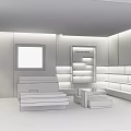 Modern Boutique With Open Space White Wooden Decor Display Shelves Sofa Seating And Striped Flooring
