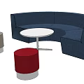Blue Curved Public Seating With Round White Table And Gray Red Stools 3d model