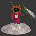 Red Astronaut Figure Standing On Moon Surface Holding Blue Flag With Logo 3d model