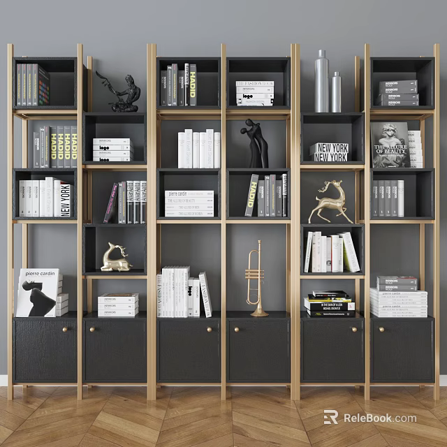 Modern Multi Layered Bookcase With Open Shelves Closed Cabinets Books And Decorative Sculptures 3d model 