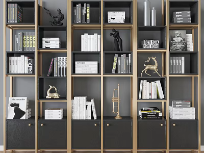 Modern Multi Layered Bookcase With Open Shelves Closed Cabinets Books And Decorative Sculptures 3d model