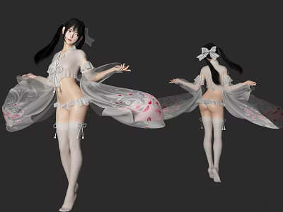Elegant Woman in Sheer Robe with Flowing Sleeves Bow Hair Accessory and White Stockings 3d model