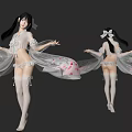 Elegant Woman in Sheer Robe with Flowing Sleeves Bow Hair Accessory and White Stockings
