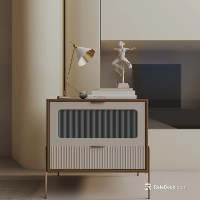 Wooden Side Table with Table Lamp Sculpture and Books in Modern Interior Design 3d model 